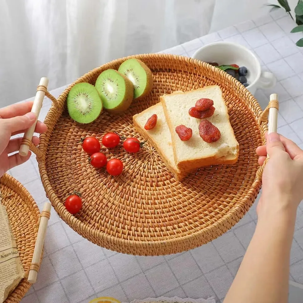 Vietnamese Rattan Tray Vine Woven Storage Double Ear Practical Desktop Tray Basket Bread and Fruit Dim Sum Picnic Simple Storage 4