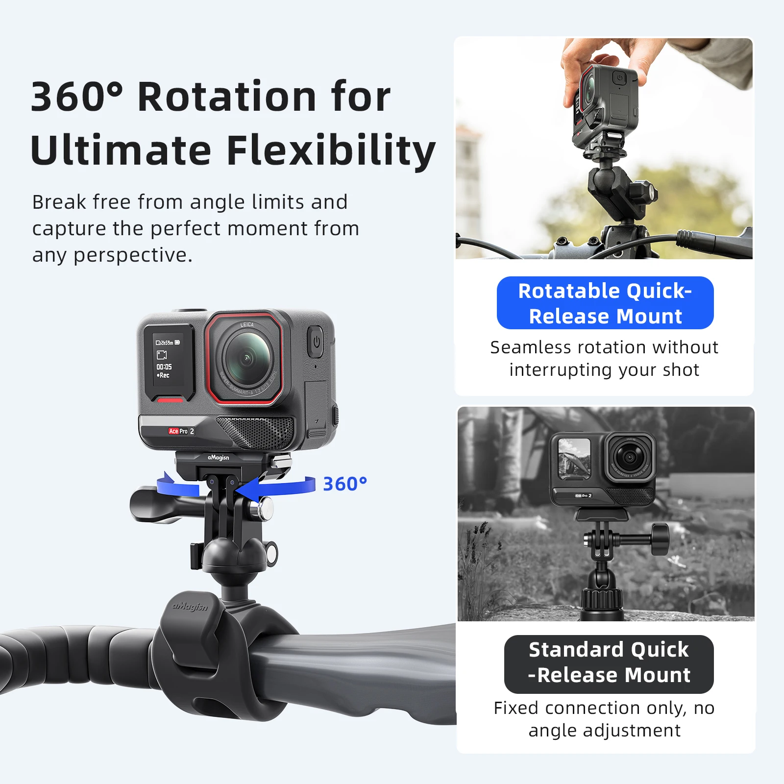 aMagisn 퀵 릴리즈 마운트 360 ° 회전 가능, 1/4인치 및 2핀 인터페이스, Insta360 Ace Pro 2 / X4 AIR / X5 액세서리와 호환 가능