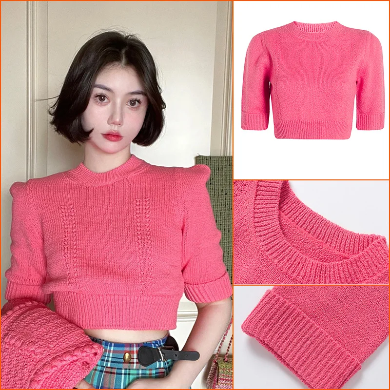 

2022 Ladies and Ladies Style Cardigan Niche Women's Summer New Round Neck Waist Short Top Knitted Sweater Daily Commuter Style