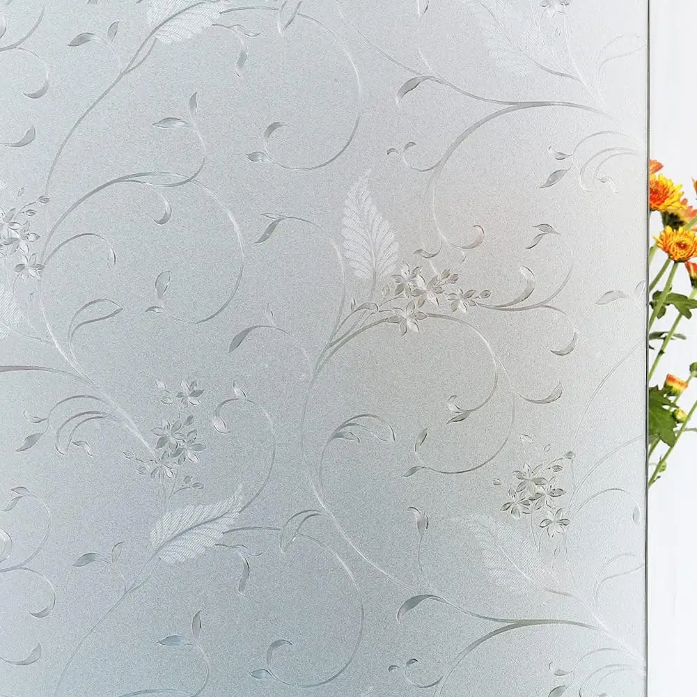 Privacy Window Film Etched Flowers Static Cling Glass Door Film Non Adhesive Heat Control Anti UV Window Cling For Home window film window privacy film