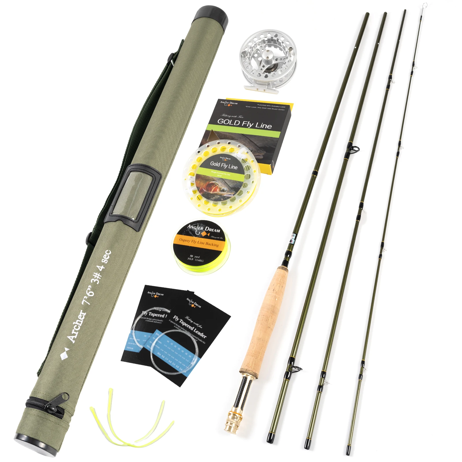 

7'6'' 3WT 4Pieces Carbon Archer Fly Fishing Rod &3/4WT Silver Reel Gold Line Combo Green Fly Rod Graphite 10 / 36T Carbon Fiber