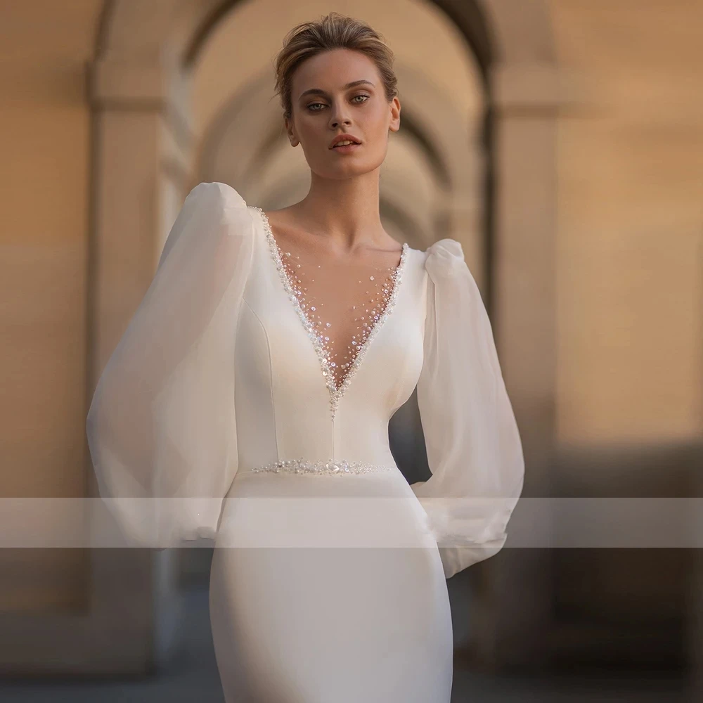 Glamorous Wedding Dresses V-Neck Backless Bridal Robes Long Puff Sleeves Gowns For Formal Party Vestidos De Novia Customized 3
