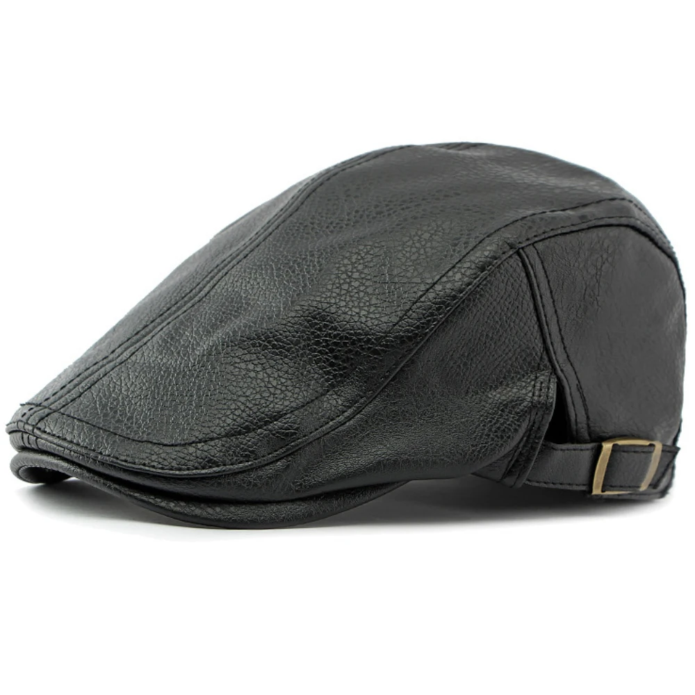 HT4294 PU Leather Beret Cap Men Black White Coffee Ivy  Flat Cap Thick Warm Fleece Lined Autumn Winter Hat Berets for Men 2