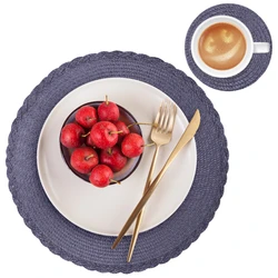 Set of 6 Round Braided Washable Non - Slip Placemats - 6xPlacemat 6xCoaster (Navy)