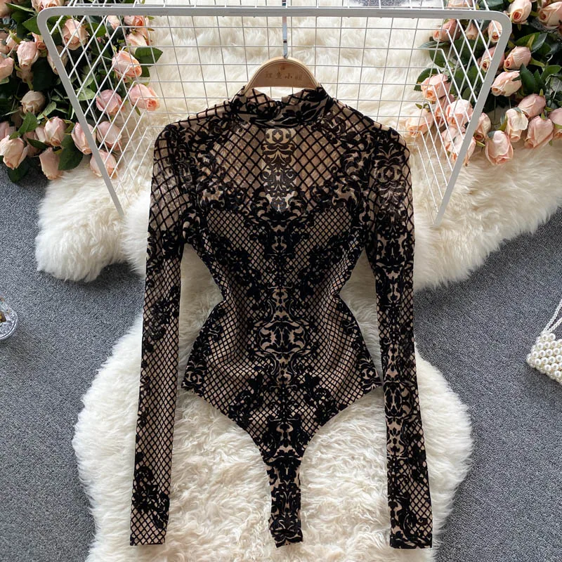 

Autumn Ins Bottoming One-piece Dress Women's Long Sleeved Mesh T-shirt Slim Fit Versatile Embroidery Design Sexy Top Underwear