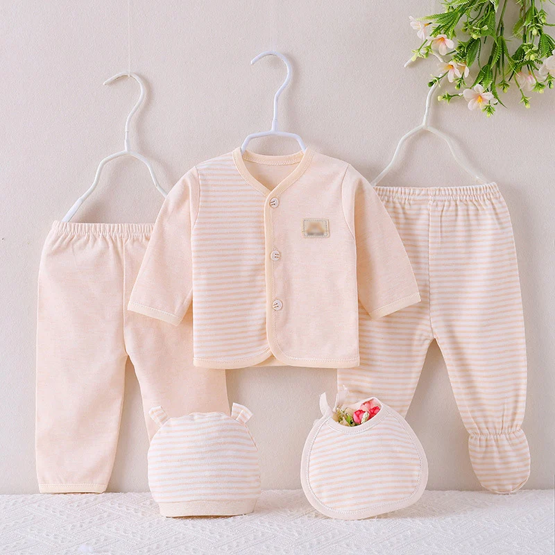 5Piece Spring Autumn Boys Girls Outfit Sets Casual Cute Stripe Long Sleeve Cotton Tops+Pants+Hat+Bibs Newborn Baby Clothes BC509