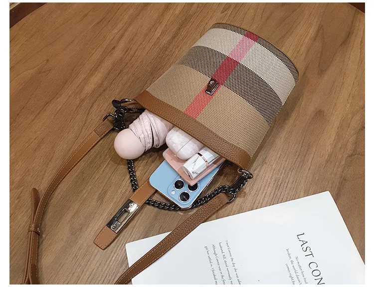 Nuove borse da donna con mini chiusura a catena a spalla intrecciata, tela eccellente con borsa a secchiello a tracolla in vera pelle scozzese_voghion.com