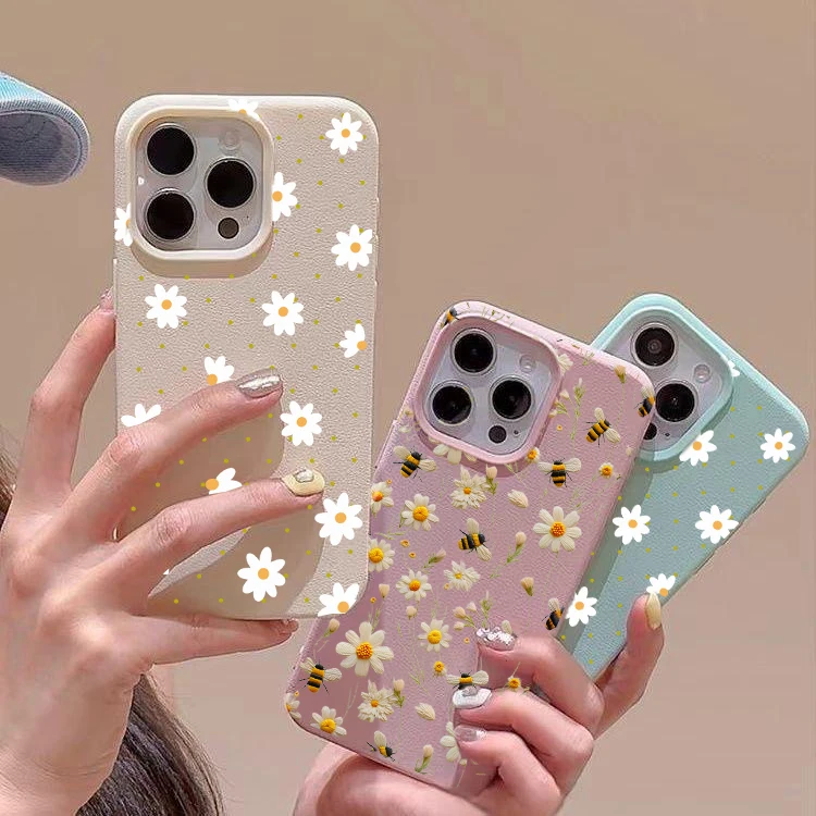 Vintage Leather PU Phone Case with Small Floral Design - Elegant Back Cover