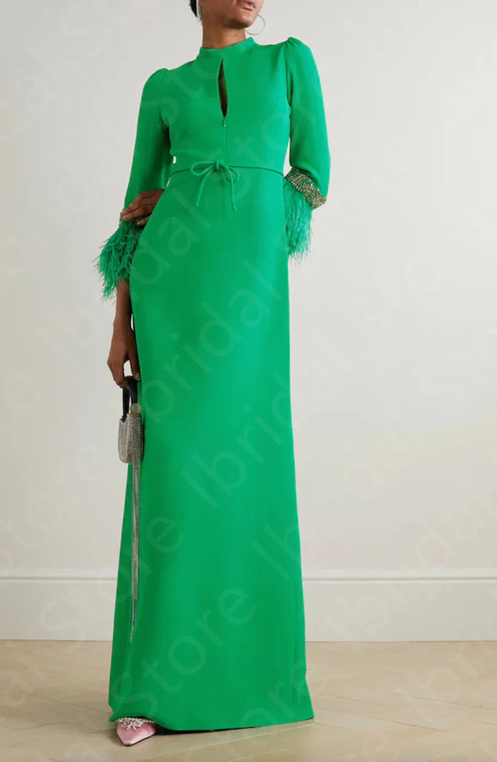 Customized Vintage Green Evening Dresses Arabic 2025 Prom Gowns Feathers 3/4 Sleeves Wedding Guest Dresses High Neck Beaded 3