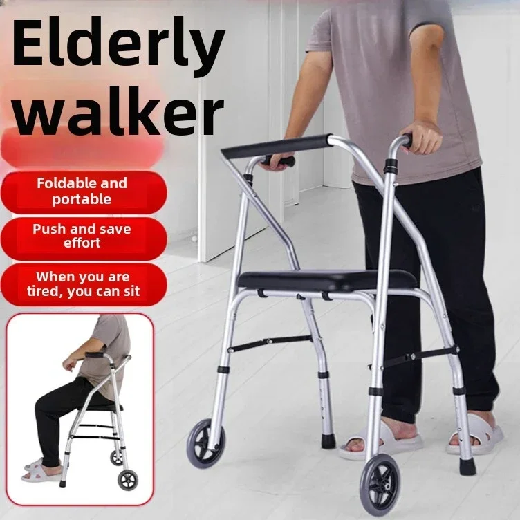 Supportive Walker Aluminum Alloy Elderly Rehabilitation Aid with Wheeled Armrest Mobility Support Walker Walking Stick with Seat