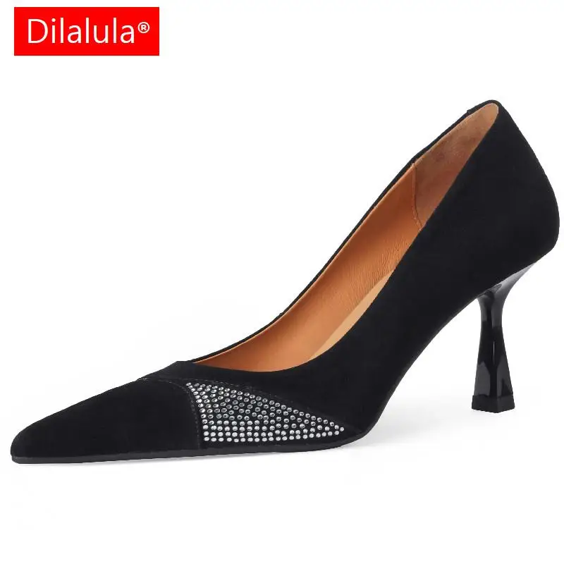 

Dilalula Women Pumps Spring Summer Fashion Elegant Rhinestone Kid Suede Leather Pointed Toe Thin Heels Party Office Shoes Woman