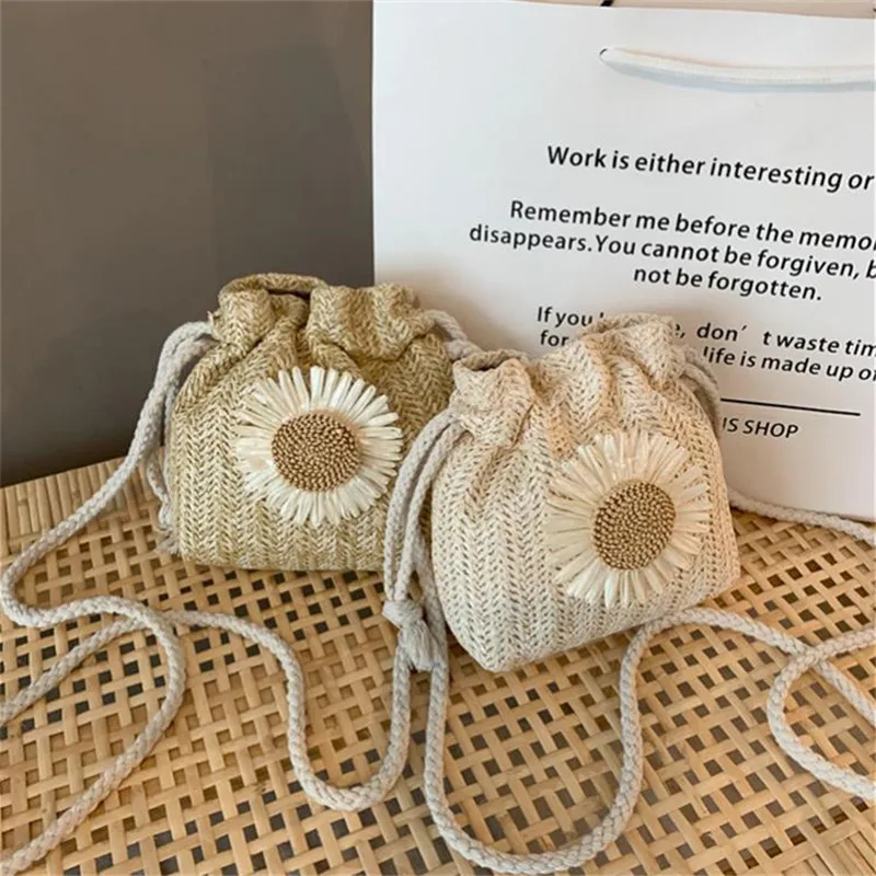 Woven Straw Mini Messenger Bag for Women Drawstring Closure Summer Cute Bucket Bag with Flower Crossbody Bag, Phone Wallet Pouch 1