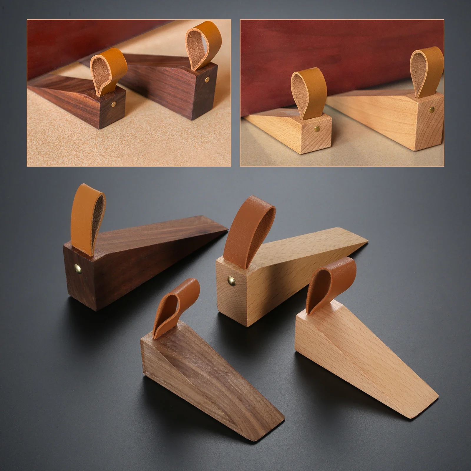 Solid Wood Door Stopper Non-Slip Stop Baby Protect Leather Rope Wedge Anti-collision Creative Gate Decor 1pc Beech/Black Walnut door stopper