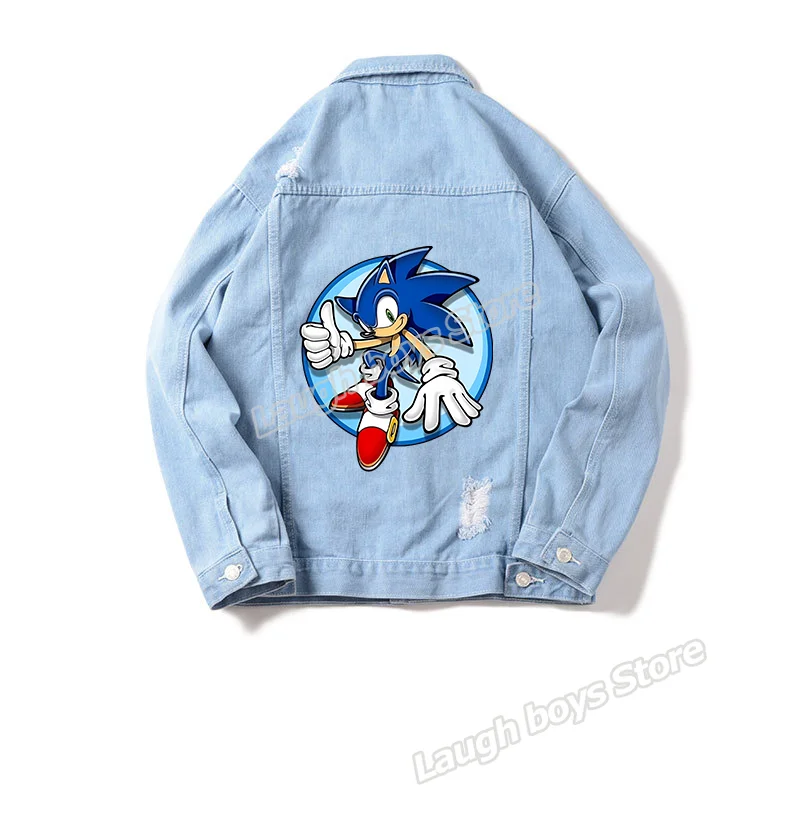 thumbnail image 1 of Chaqueta de mezclilla Sonics con figuras de juego, chaquetas de mezclilla con agujeros rotos, estilo retro americano de primavera y otoño, moda de tela, blusas con cuello vuelto, 1 of 5
