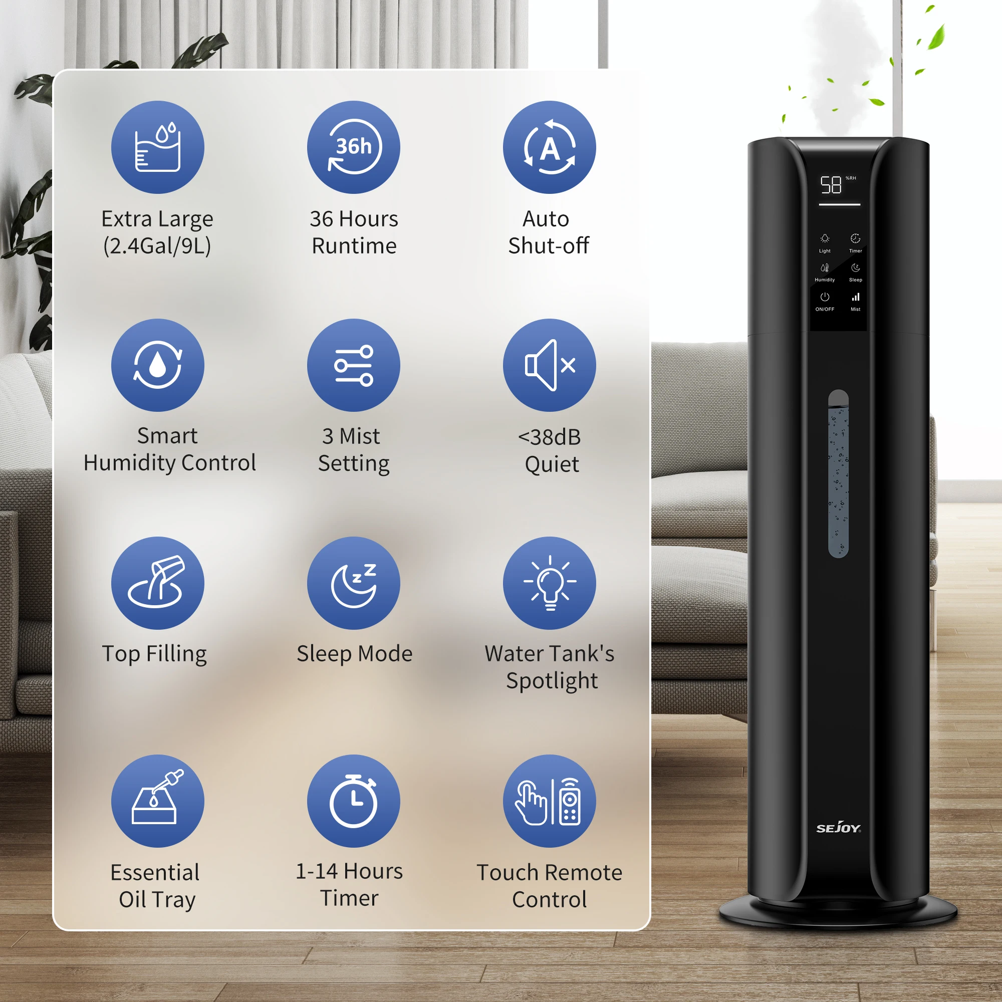 SEJOY Humidifiers for Bedroom Large Room, 9L/2.4Gal Cool Mist Top Fill Humidifier with Essential Oil 360°Nozzle for Baby Office 2