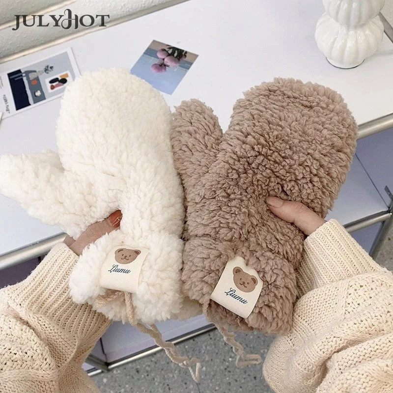 

Winter Thick Fingerless Korean Japanese Bear Gloves With Ropes Casual Outdoor Riding Mittens Warm