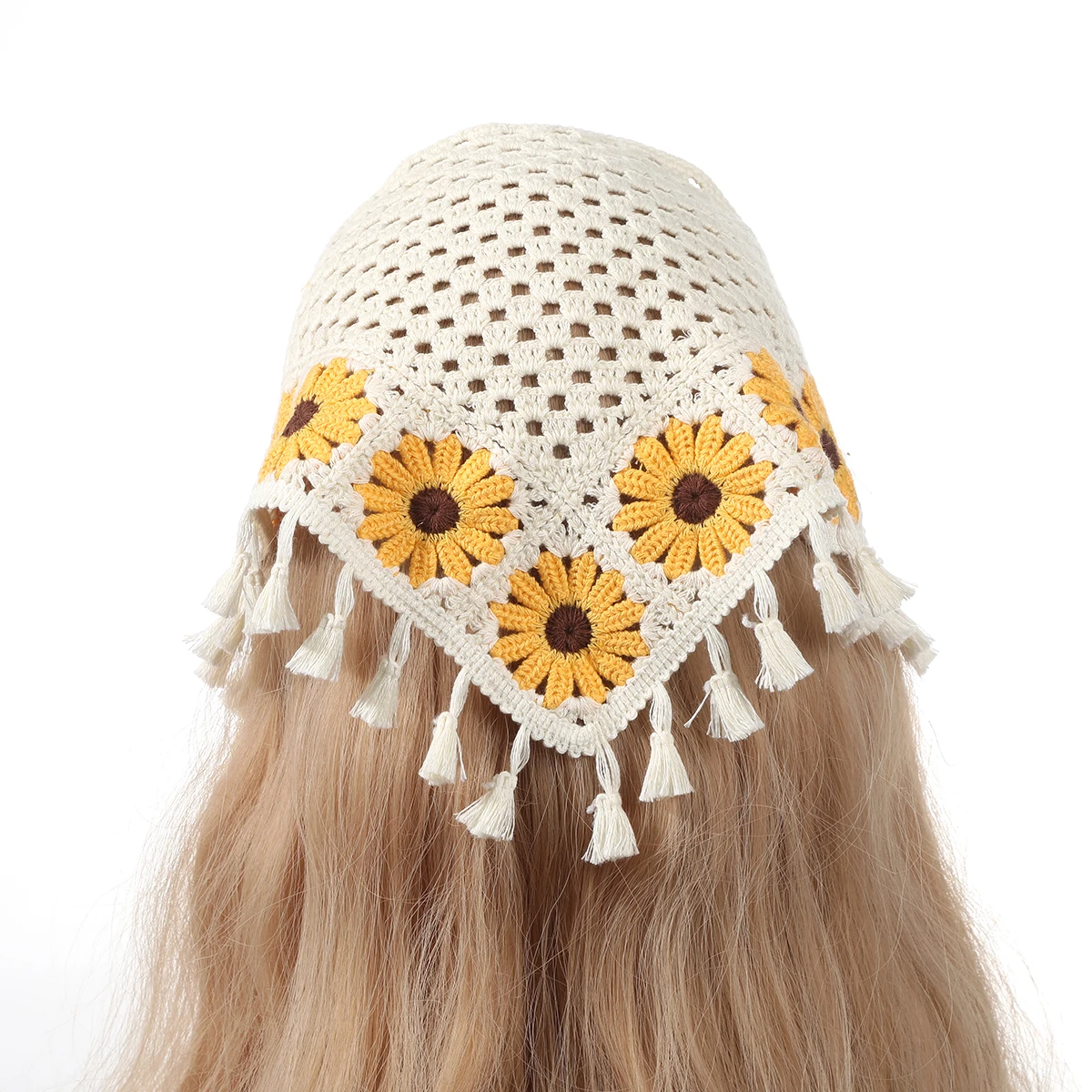 AWAYTR Französisch Retro Quaste Gestrickte Mädchen Dreieck Schal Kopfbedeckung Reise Nette Sonnenblume Häkeln Künstlerische Kopftuch Frauen Stirnband – Detail 3