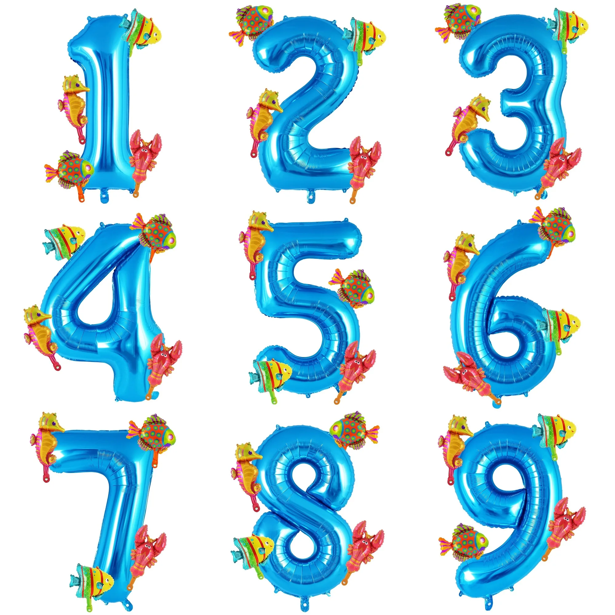 5-teiliges Mini-Luftballon-Set mit Meerestieren, 32 Zoll, blaue Zahlenballon, Oktopus, Seepferdchen, Fisch, Folienballons für Kindergeburtstagsparty-Dekorationen – Detail 10