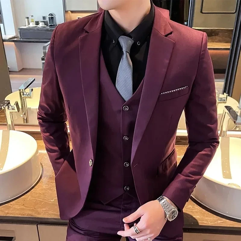 New striped men's thickened casual suit three-piece suit high-end wedding