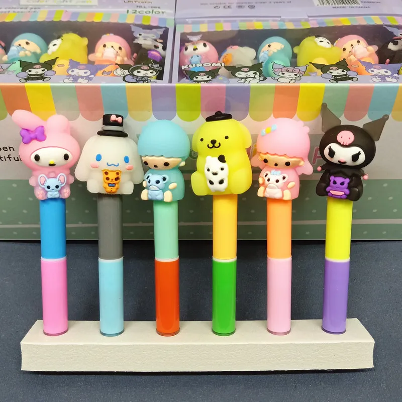 

Sanrio Highlighter Marker Kuromi Melody Hello Kitty 6pcs Kawaii Stationery School Students Colorful Pen Multifunctional Pens
