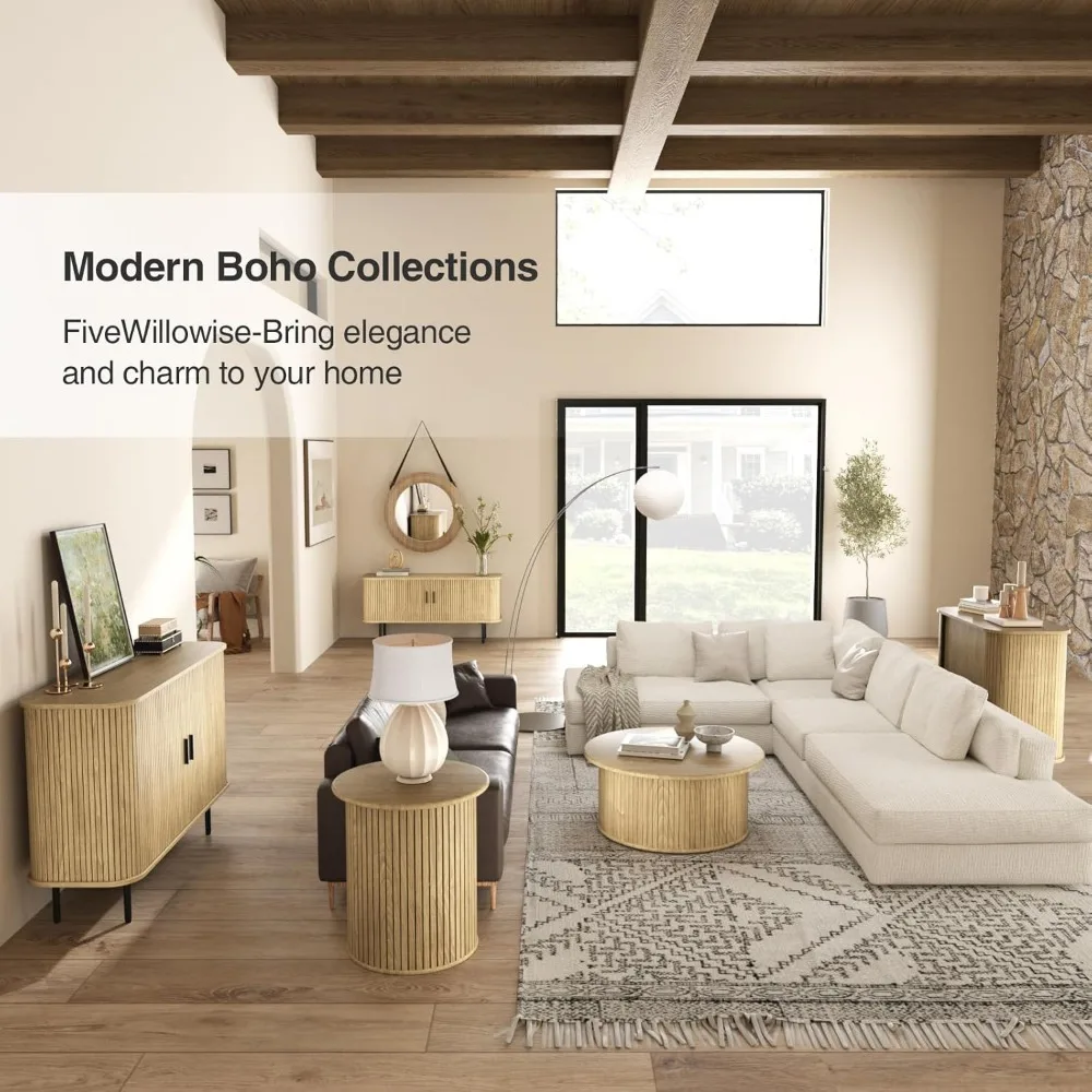 TV Cabinet.47''W Natural Storage Cabinet, Media Console, Tambour TV Stand, Television Stands with Curvy Edge; Sliding Door 6