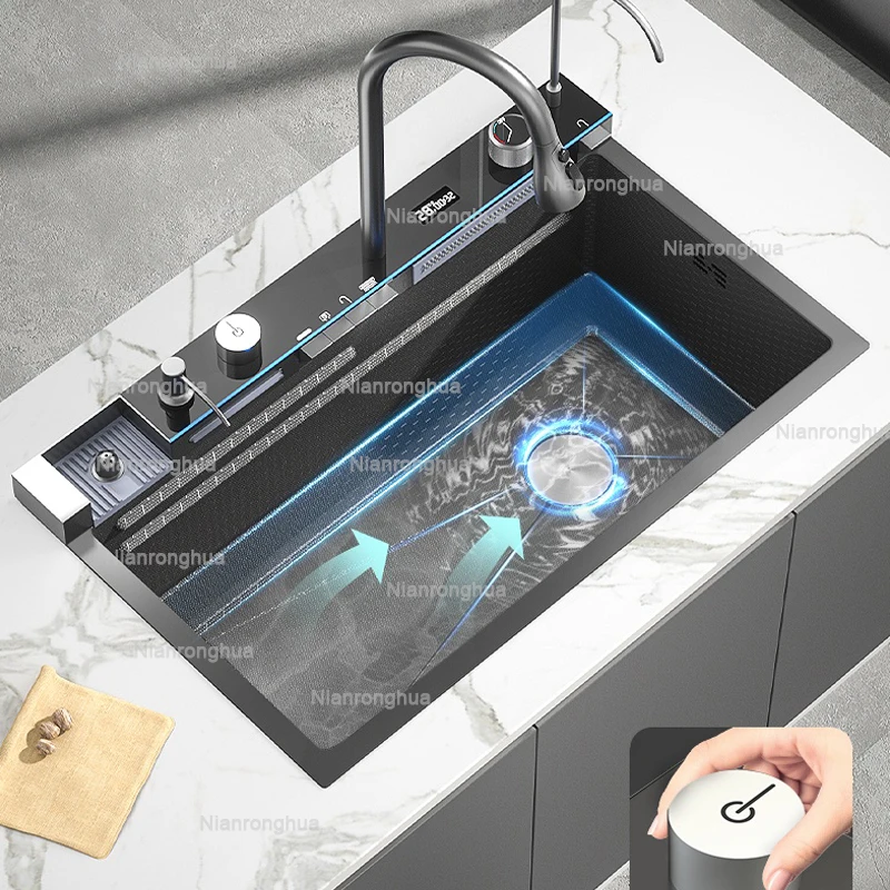 in stock 4MM thickness SUS304 Stainless Steel Kitchen Sink with Whale Waterfall Design and Honeycomb Vegetable Washing Bowl