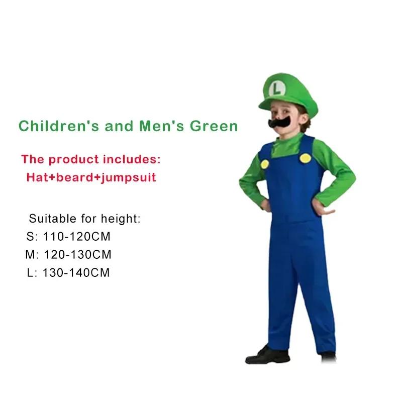 Anime Luigi Brothers Cosplay Costume Marios boy Jumpsuit Beard Hat Set Halloween Costume
