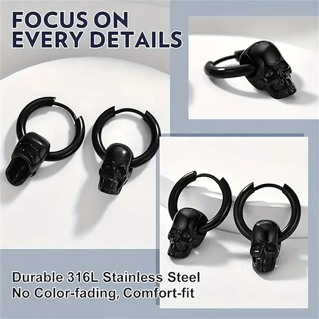 6 Pares De Pendientes De Acero Inoxidable Para Hombres Y Mujeres - Estilo Redondo Monstruo, Punk, Hippy