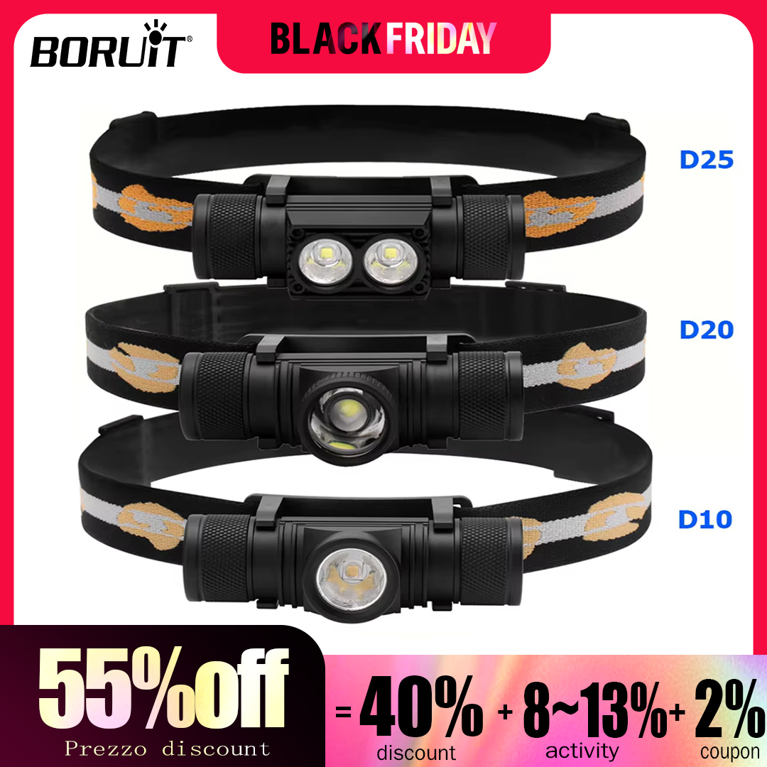 BORUiT D10/D25 Powerful LED Headlamp 18650 Battery Type-C Rechargeable Headlight Fishing Torch Camping Work Head Flashlight