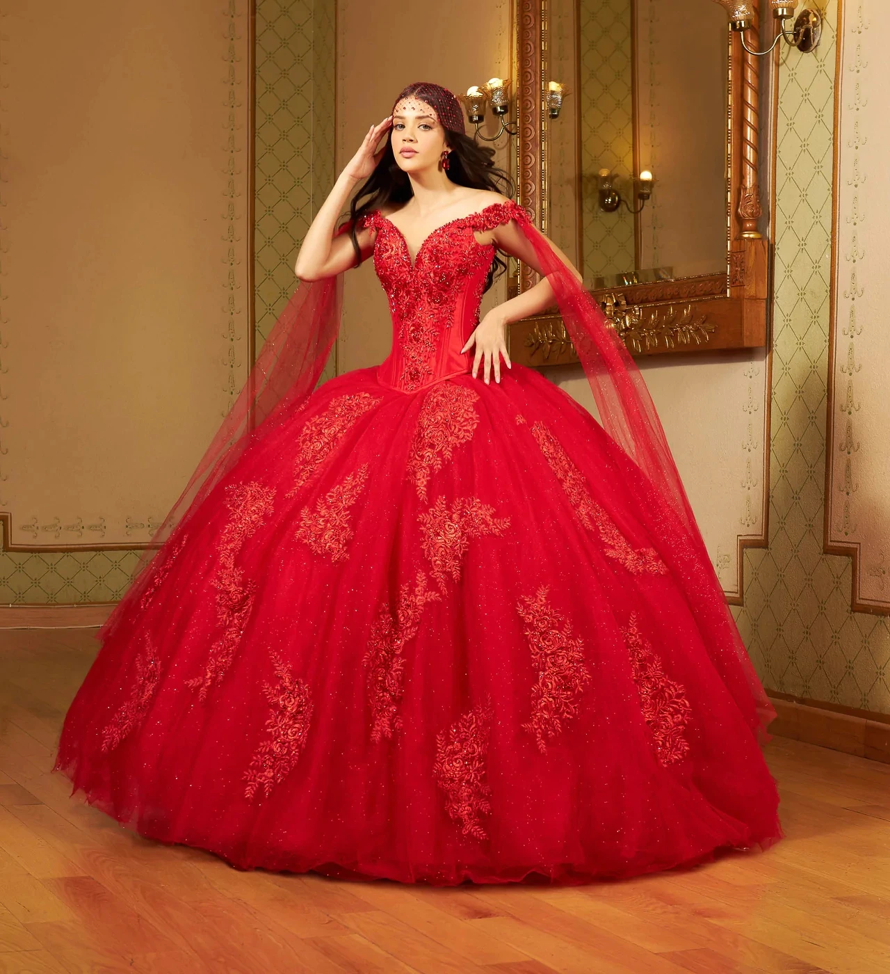 

Red Charro Quinceanera Dresses Ball Gown Deep V-neck Tulle Appliques Puffy Mexican Sweet 16 Dresses 15 Anos