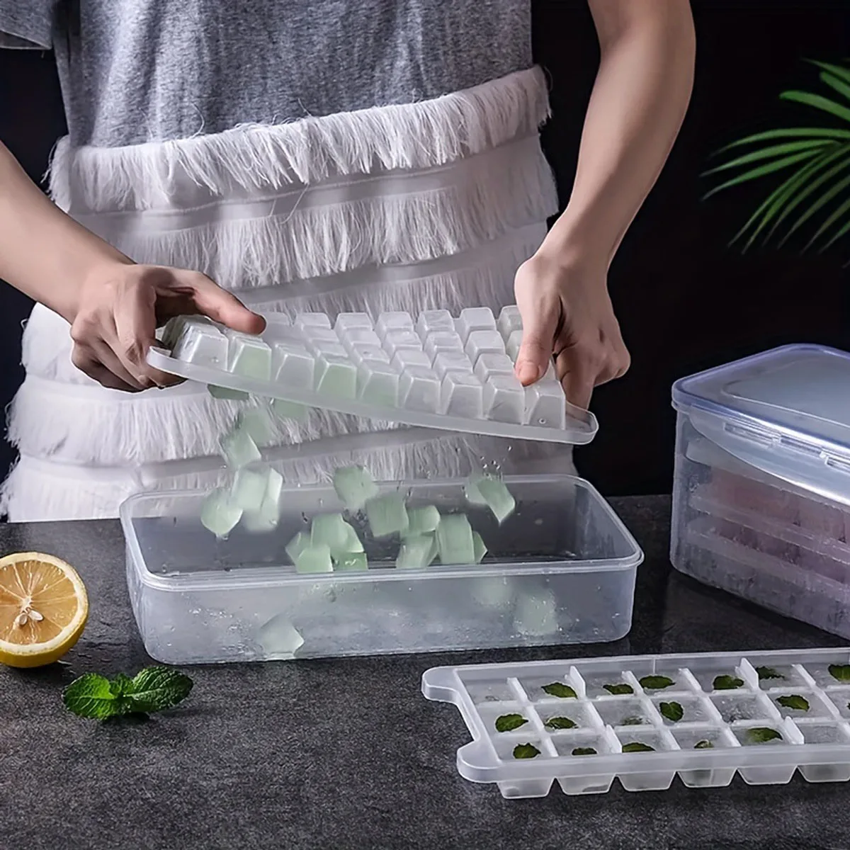 1pc Double Layer 64-cavity Easy Release Ice Cube Tray With Ice Shovel