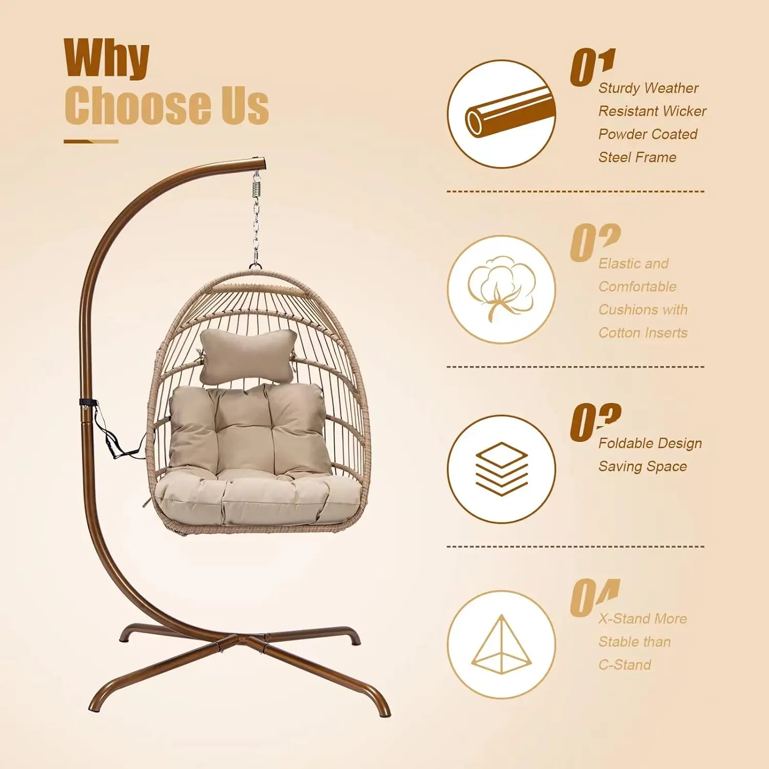 Swing Egg Chair with Stand Indoor Outdoor Wicker Rattan Patio Basket Hanging Chair UV Resistant Cushions 350lbs Capacity