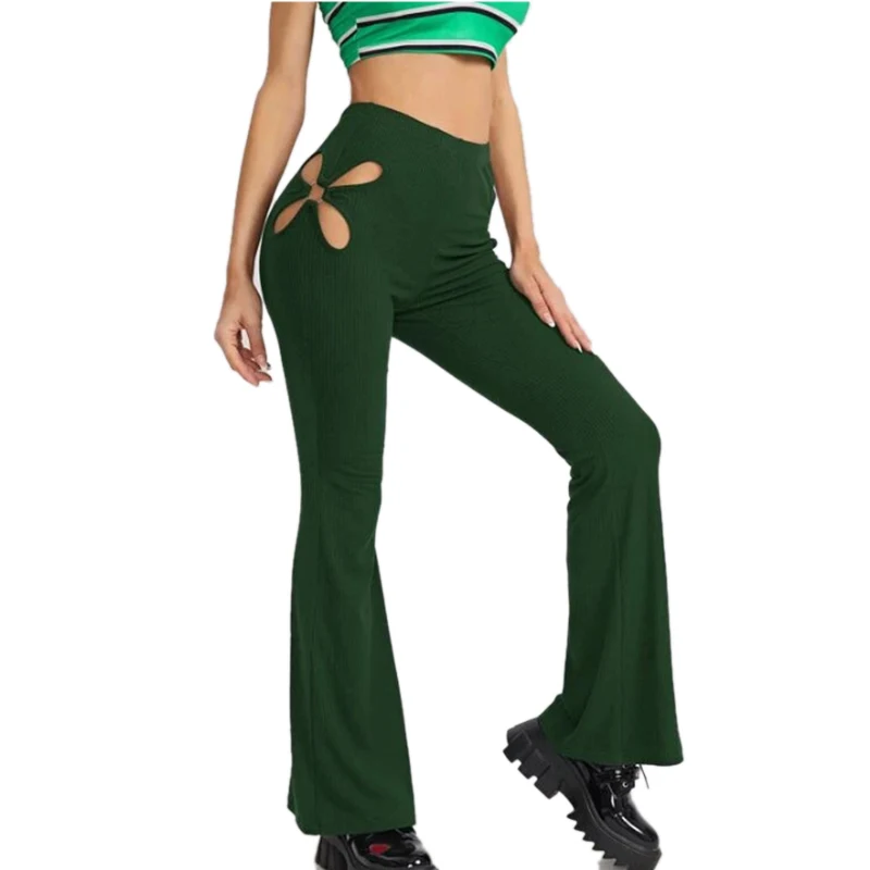 Korean Fashion 2023 Women's Hollow Out Pants Wide Leg Pants Casual Flare Pant High Waist Loose Trousers Black Red Green Brown