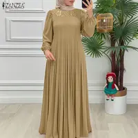 2025 Fashion Muslim Abaya Dress ZANZEA Autumn Lace Patchwork Dresses Women Long Sleeve Pleated Sundress IsIamic Dubai Robe Femme