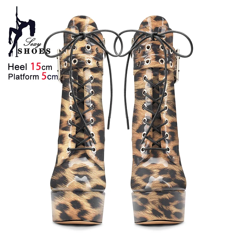 Sexy Dance Boots Women Autumn Winter 15CM Stiletto Heels Side Zipper Leopard print Short Boots Platform Nightclub Shoes Size 47