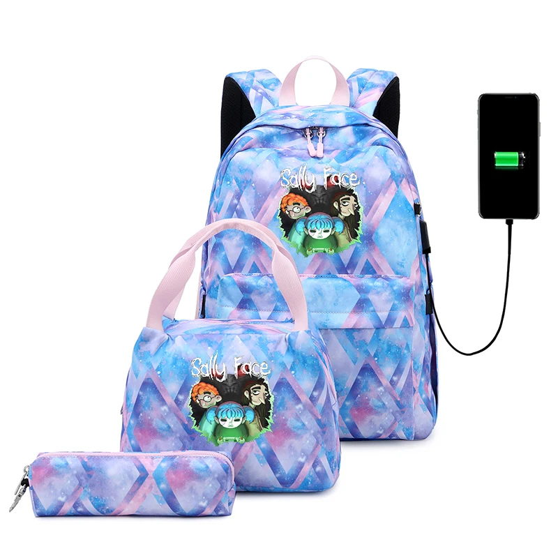 3pcs Game Sally Face Backpack Fashion Student USB Charging Lovely Travel Backpack For Children Teenager School bag Mochila