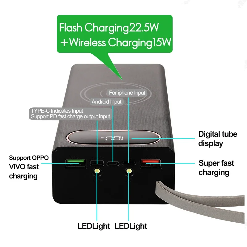 Power Bank Case QC3.0 PD 20W Flash Charging Detachable 12/16 18650 Batteries Type C with Wireless 15W Storage