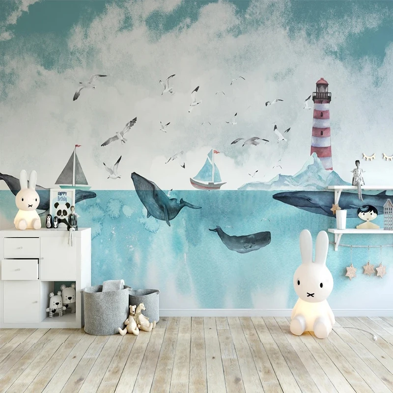 Personalizado 3d dos Desenhos Animados Criativo Pintados à Mão Baleia Farol Mural Papel de Parede para Sala de Crianças Quarto Fundo Papel de Parede Decoração da Sua Casa