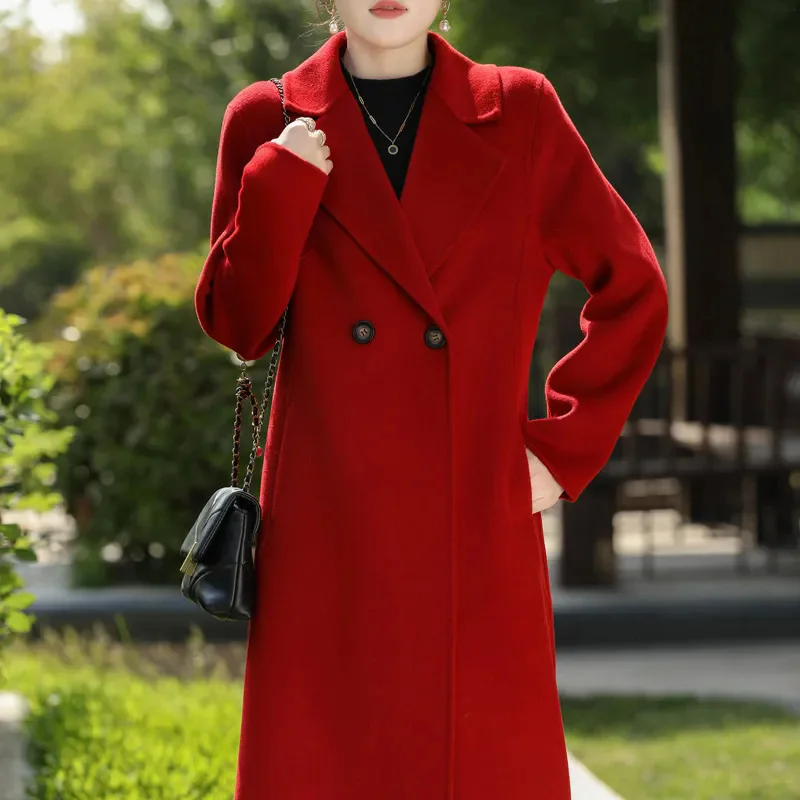 High-Quality Women's Wool Double-Sided Woolen Coat High-End Suit Collar Autumn Winter Knee Length Slim Fit and Slimming Jacket
