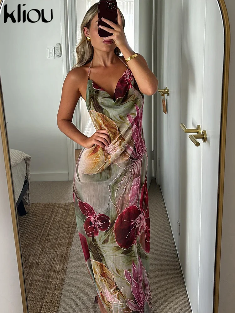 kliou Floral Print Women Dress Vacation Beach Style Suspendency Backless Halter Split Thin Vestidos Female Trend Attractive Wear 3