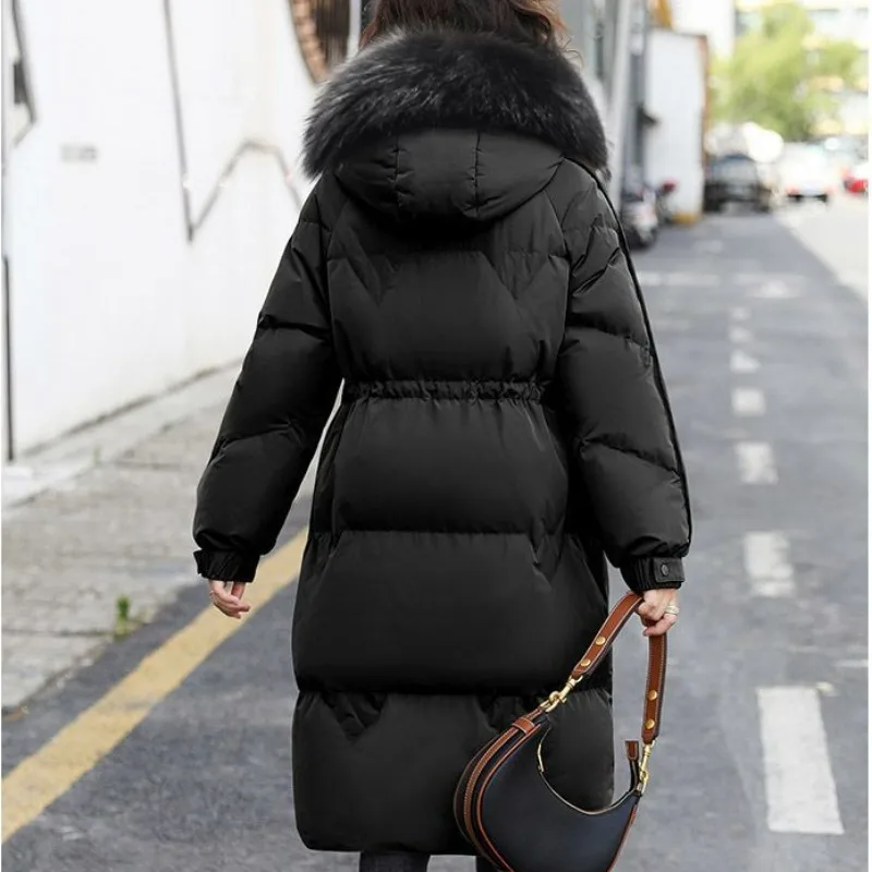 2023 New Women Down Jacket Winter Coat Female The Waist Parkas  Mid Length Version Outwear Real Fur Collar and Hat Overcoat
