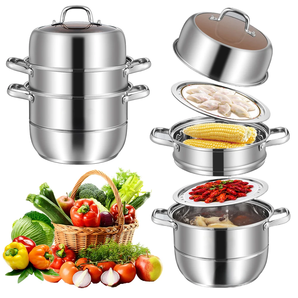 3 Tier Food Steamer Pot 11inch Stainless Steel Soup Steam Pot Universal Cooking Pots for Induction Cooker Gas Stove Steam