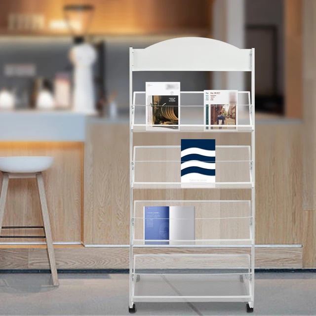 Stylish and functional floor-standing magazine rack with metal wheeled design
