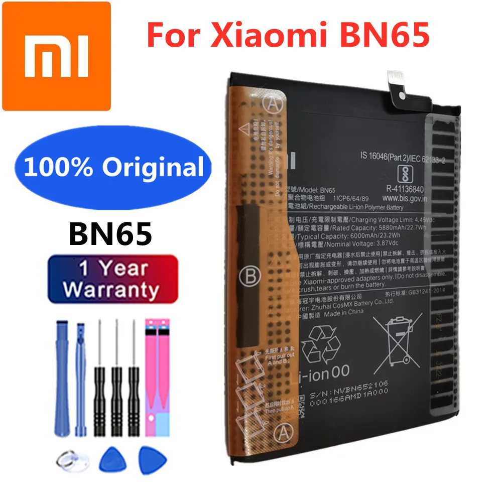 

100% оригинальный высококачественный сменный аккумулятор Xiao Mi BN65 для телефона Xiaomi BN65 6000 мАч аккумуляторная батарея