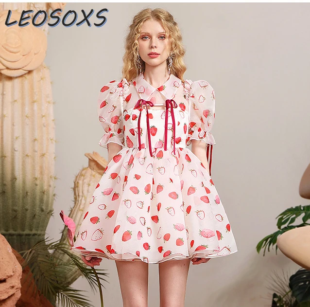 

2024 Summer Kawaii Dress Sweet Fresh Strawberry Printed Cute Doll Collar Organza Princess Pettiskirt Birthday Dress for Women