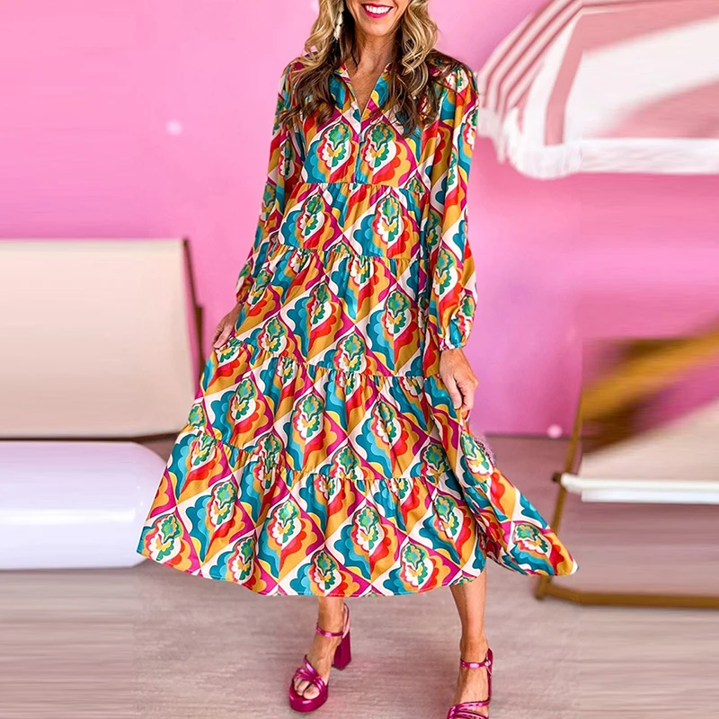 

Платье женское ТРАПЕЦИЕВИДНОЕ с длинным рукавом, модное свободное повседневное пляжное длинное с ярким принтом, с V-образным вырезом, осень-лето