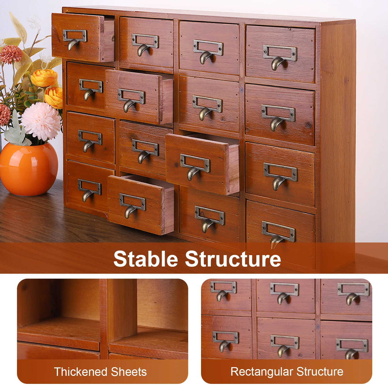 Card Catalog Cabinet with 16 Drawers Traditional Apothecary Cabinet Multifunction Rustic Wood Desk Drawer for Countertop 4