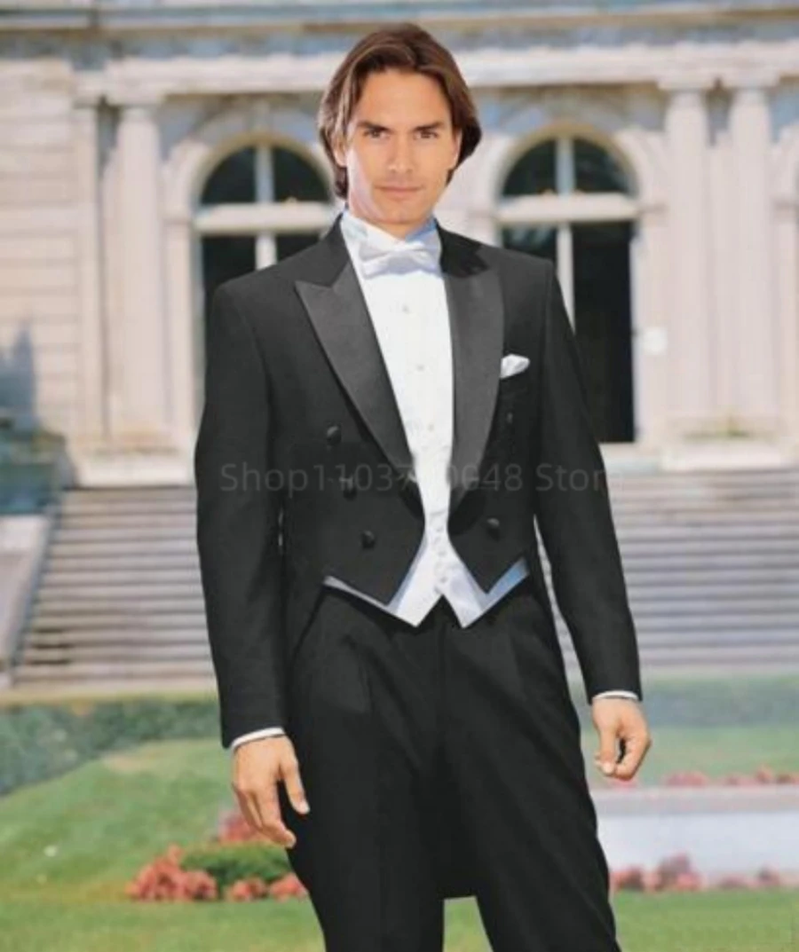 Black Men Tuxedo Tailcoat Formal Dress Suits Swallow Tail Coat Male Jacket Vest Pants Party Wedding Suit Dance Magic Performance