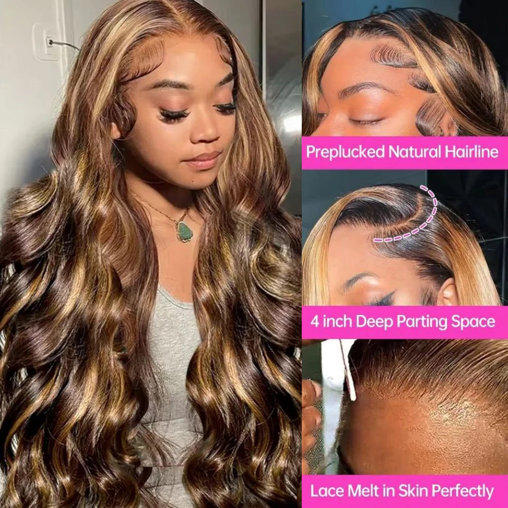 Human Hair Lace Frontal Wig 30 38 Inch 4/27 Highlight Colored Ombre Blonde Body Wave For Women