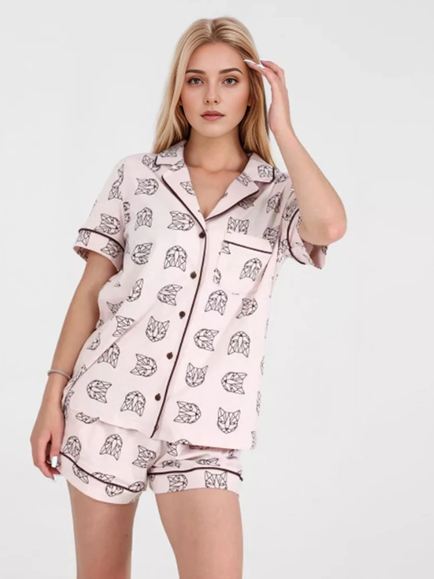 

Marthaqiqi New Summer Femme Pajama Suit Sexy Turn-Down Collar Sleepwear Short Sleeve Nightgowns Shorts Casual Ladies Nightie Set